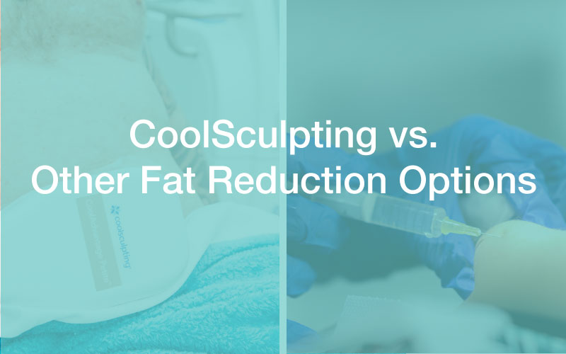 Splitscreen photo with text overlayed saying CoolSculpting vs. Other Fat Reduction Options. Photo on the left is a closeup of a CoolSculpting applicator being applied to a patient's stomach area and the photo on the right is a closup of a patient receiving injection lipolysis while rubber gloved hands are squeezing fat area.
