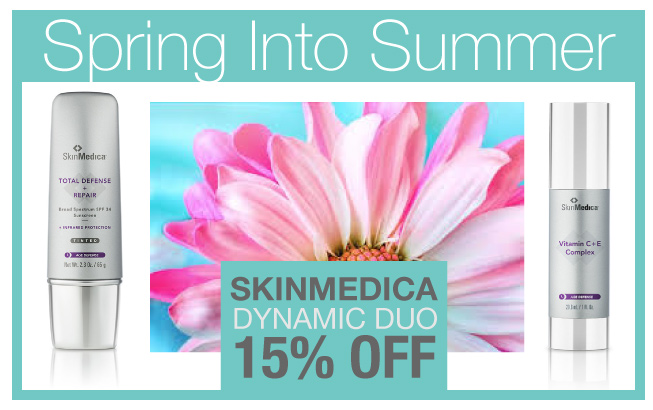 Spring Into Summer 15% off graphic pictured with SkinMedica products and flower